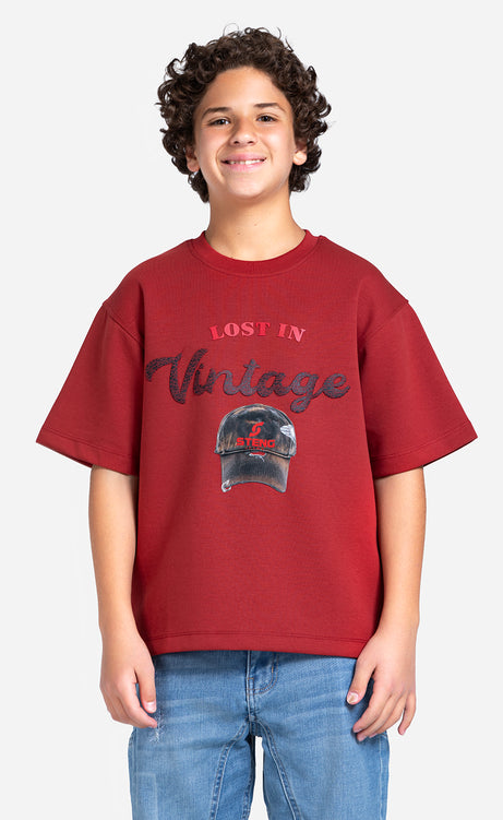 Boys' Printed T-Shirt - Black, Baby Blue & Brick