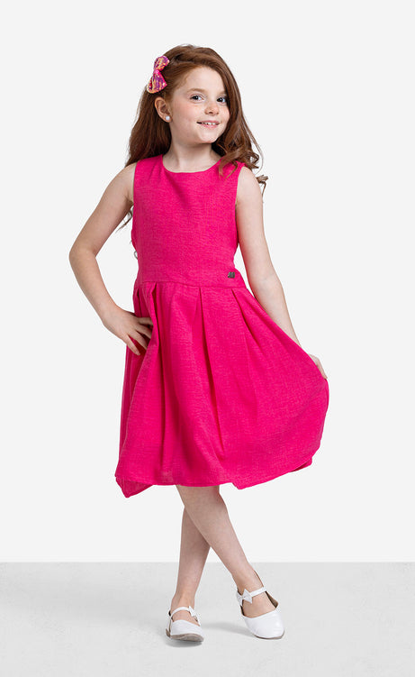 Girls' Plain Round-Neck Sleeveless Dress - Burgundy & White