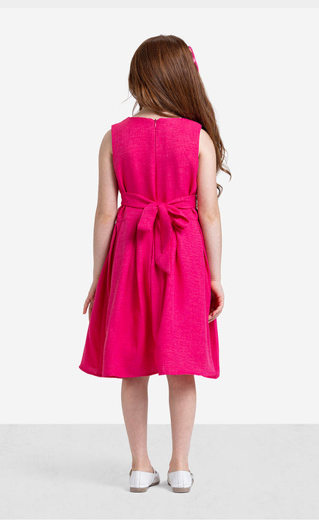 Girls' Plain Round-Neck Sleeveless Dress - Burgundy & White – view 3