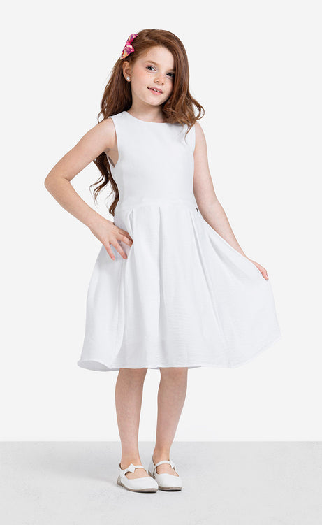 Girls' Plain Round-Neck Sleeveless Dress - Burgundy & White – view 6