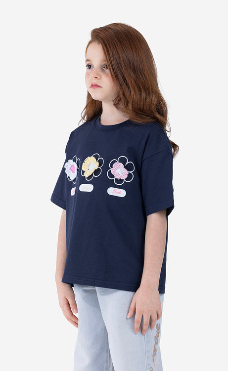 Girls' Printed Crew-Neck Short-Sleeve T-Shirt - Black – view 2
